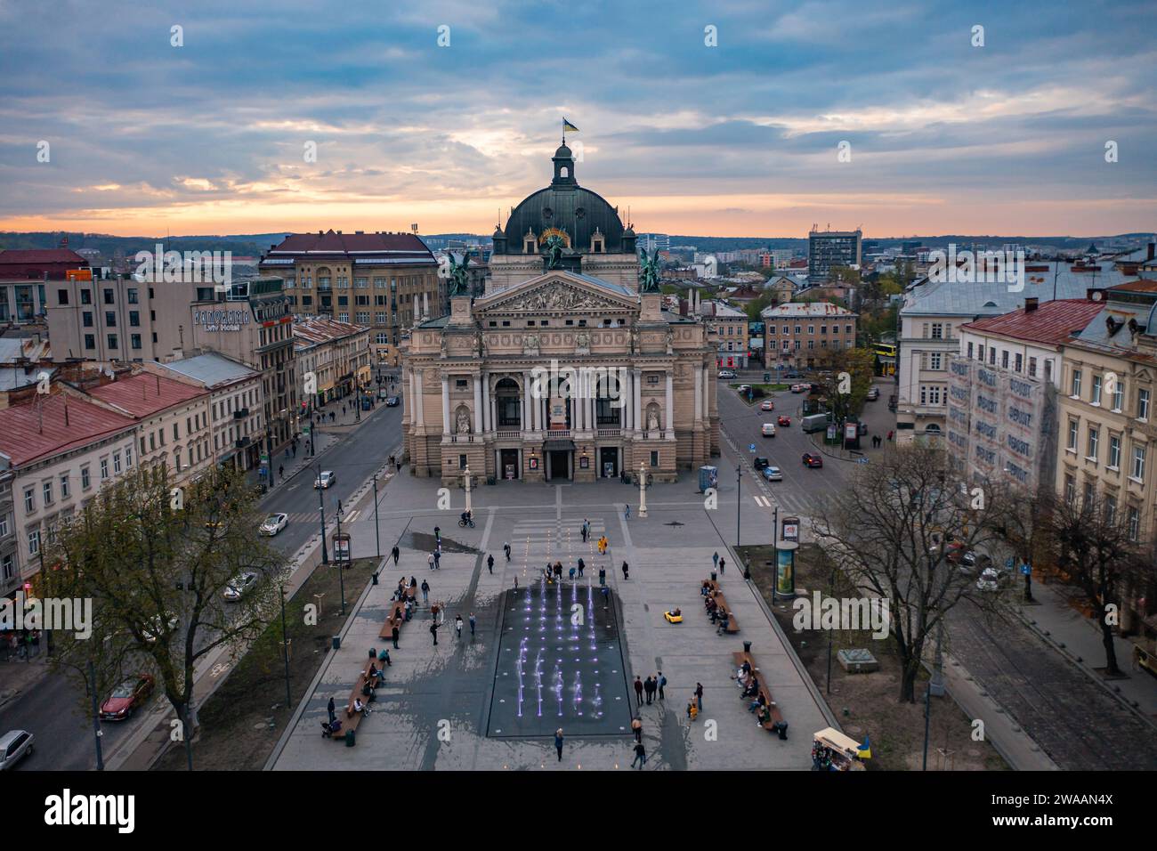 Lviv, Ukraine - April, 2021: Aerial veiw on Lviv National Opera from drone Stock Photo