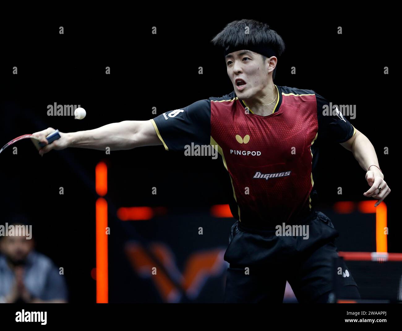 Doha, Qatar. 3rd Jan, 2024. Qiu Dang hits a return during the men's