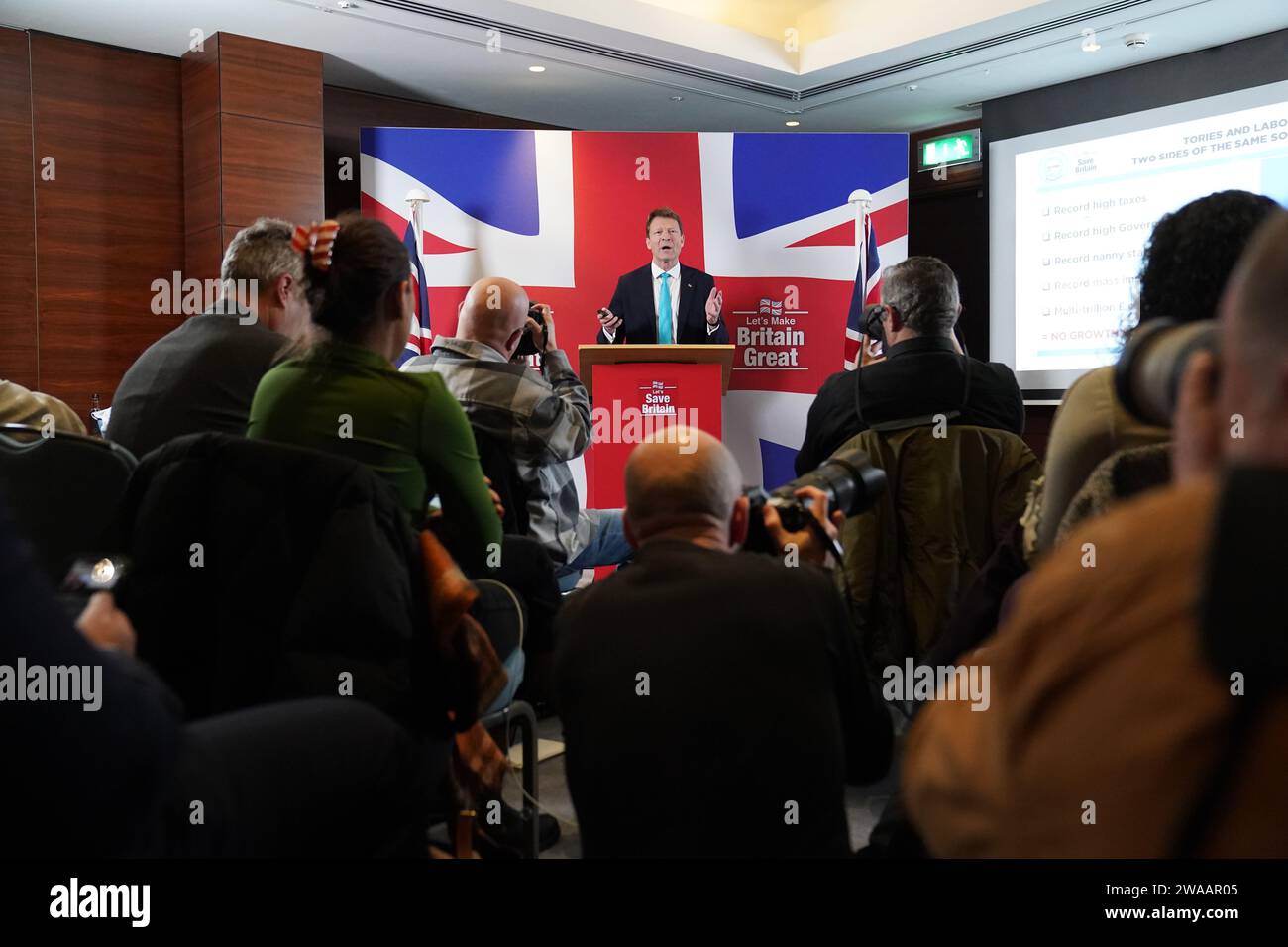 Reform Party leader Richard Tice speaking at a press conference at the
