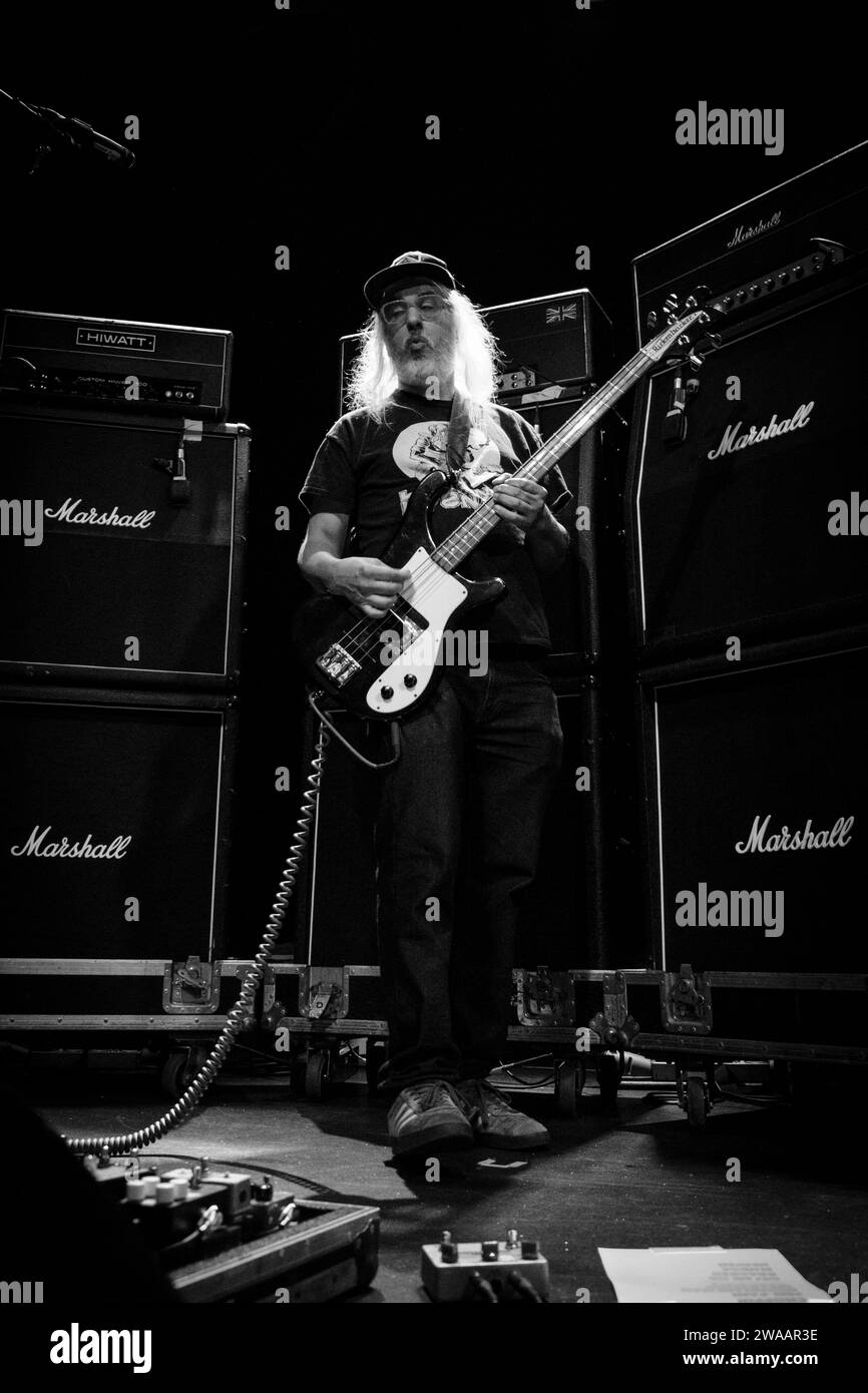 Dinosaur Jr performing at Glasgow's QMU in 2022. J Mascis is playing Guitar and Bass guitar Stock Photo