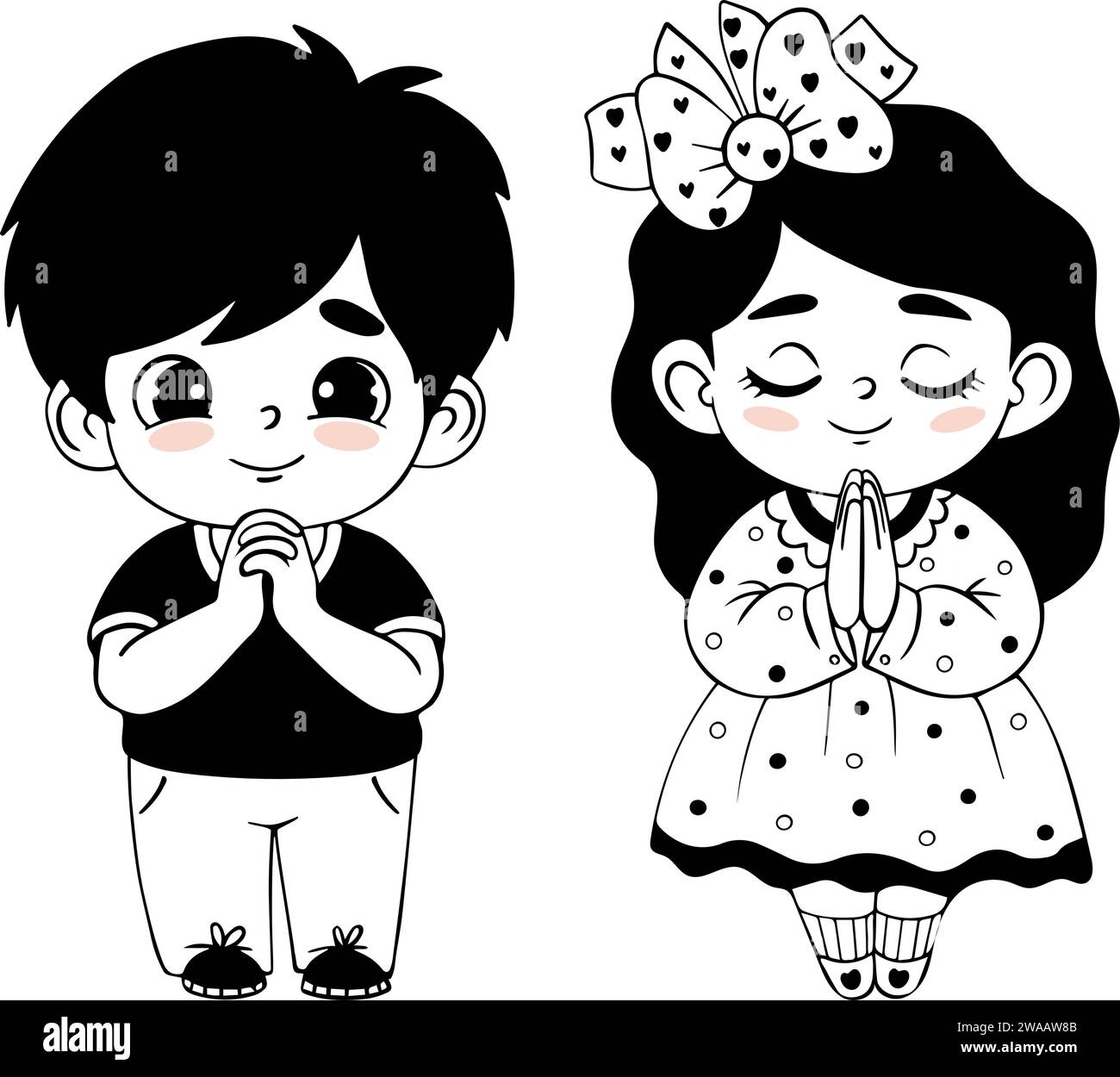 Praying children. Cute girl and boy in full growth with folded hands in prayer. Vector illustration. Isolated hand drawings. Religious believer child Stock Vector