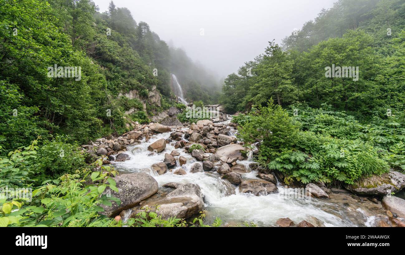 River runs gently through Black Sea Karadeniz region of Turkey, through lush greenery and mountains. Beautiful Black Sea highlands scenery with green Stock Photo