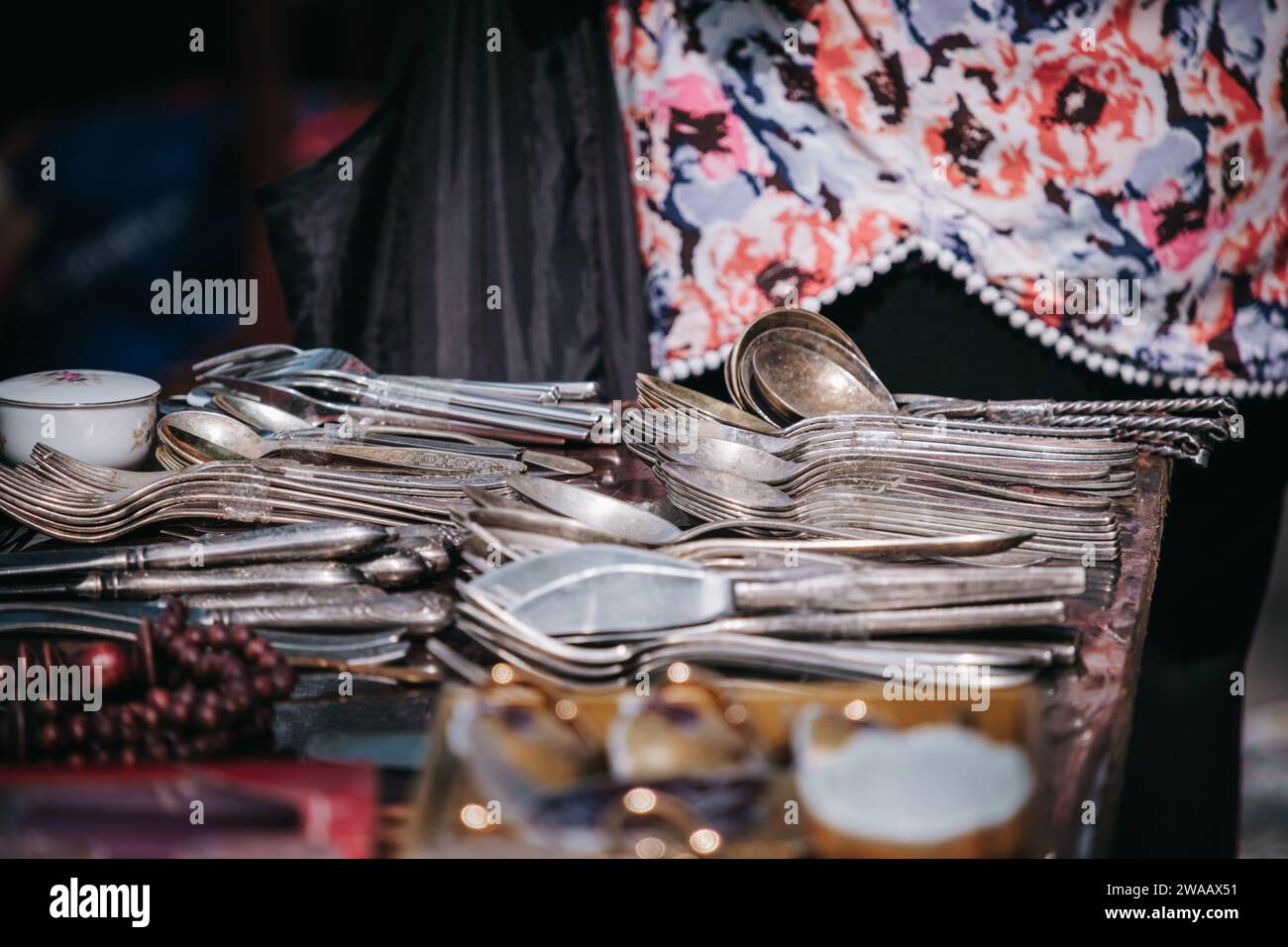 Old silverware at the Dry Brigde flea market in Tbilisi old town, Stock Photo Alamy