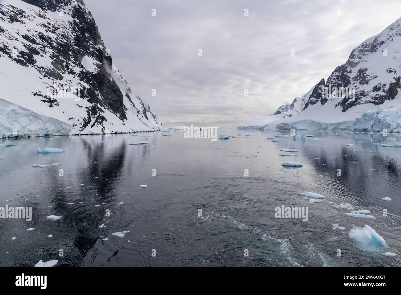 Ship coming through the Lemaire Channel in Antartica. It is very small compared to the scenery. Stock Photo