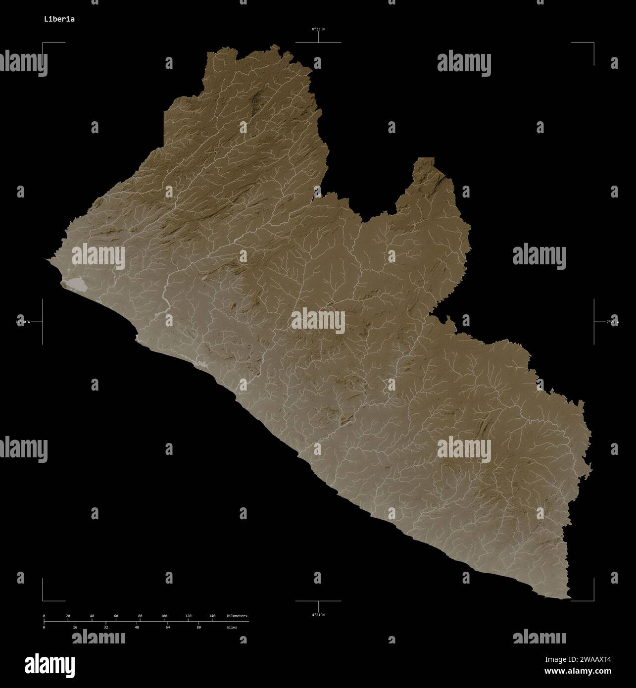 Liberia map zoom border sepia hi res - Shape Of A Elevation Map Colored In Sepia Tones With Lakes And Rivers Of The Liberia With Distance Scale And Map Border Coordinates Isolated On Blac 2WAAXT4