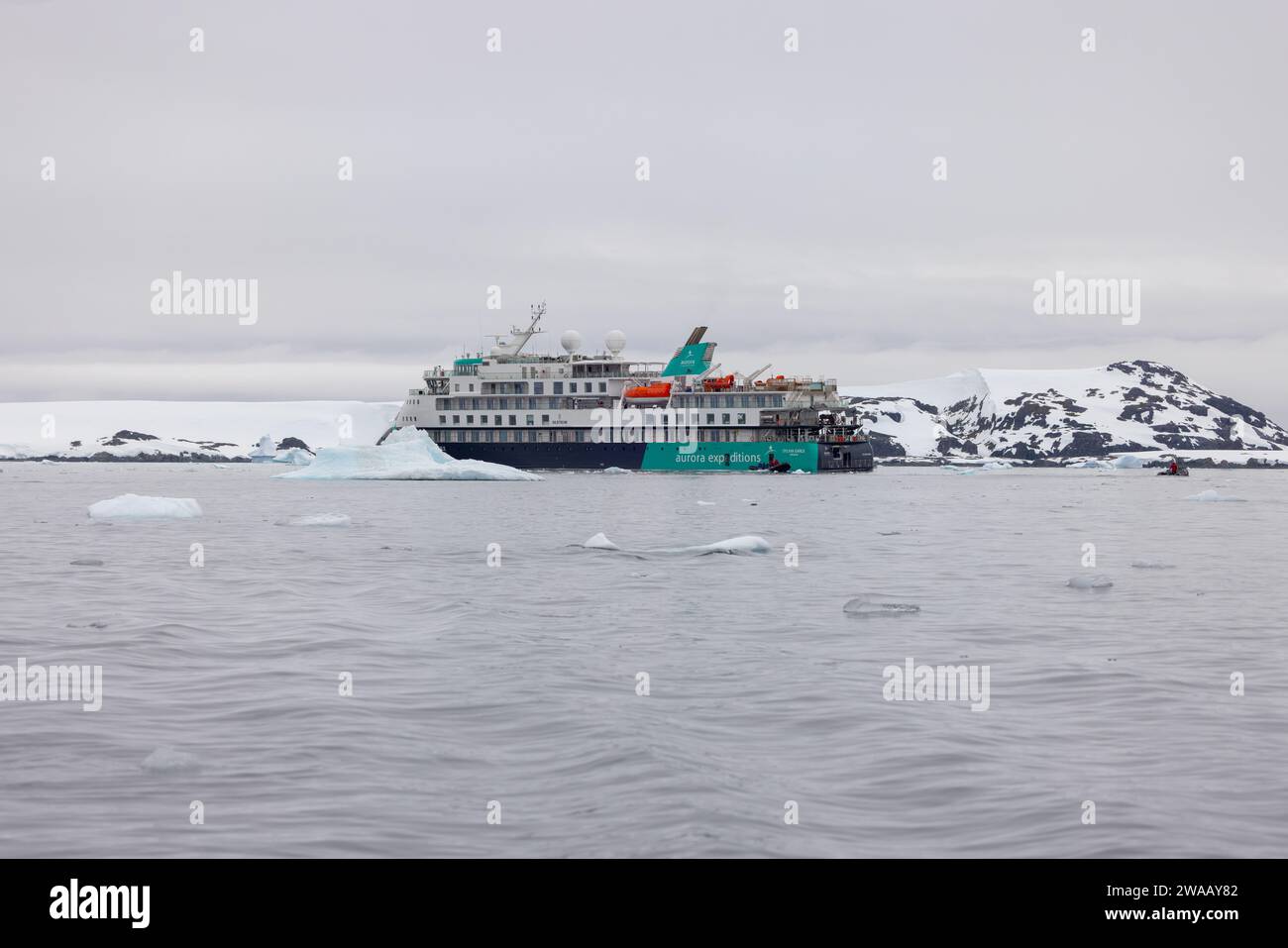 Antarctica December 16, 2023: An Aurora expeditions ship in Antartica on an overcast day. Stock Photo
