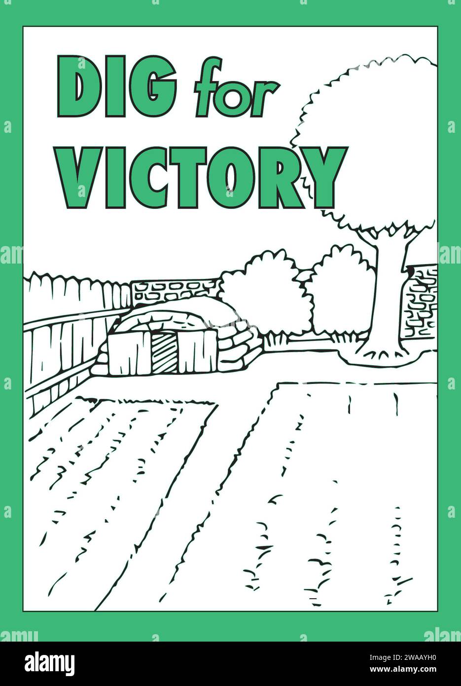 Art colouring in activity, educational resource, World War II, Dig For Victory poster, school, home schooling, lesson plan, poster art, worksheet Stock Photo