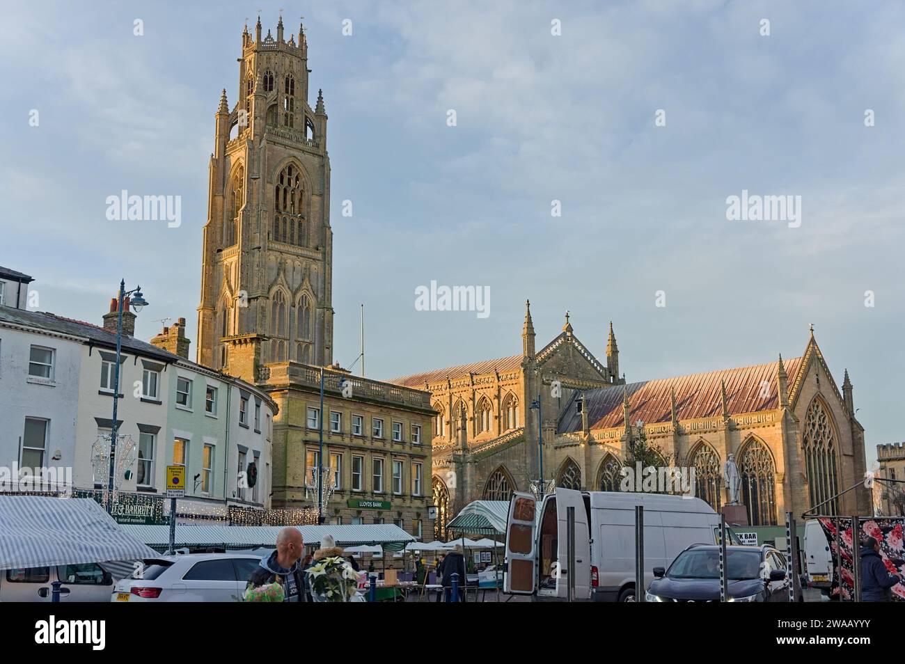 The marketplace before Christmas with Boston stump in the background at sundown Stock Photo