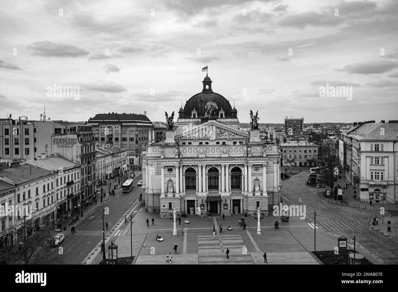 Lviv, Ukraine - April, 2021: Aerial veiw on Lviv National Opera from drone Stock Photo