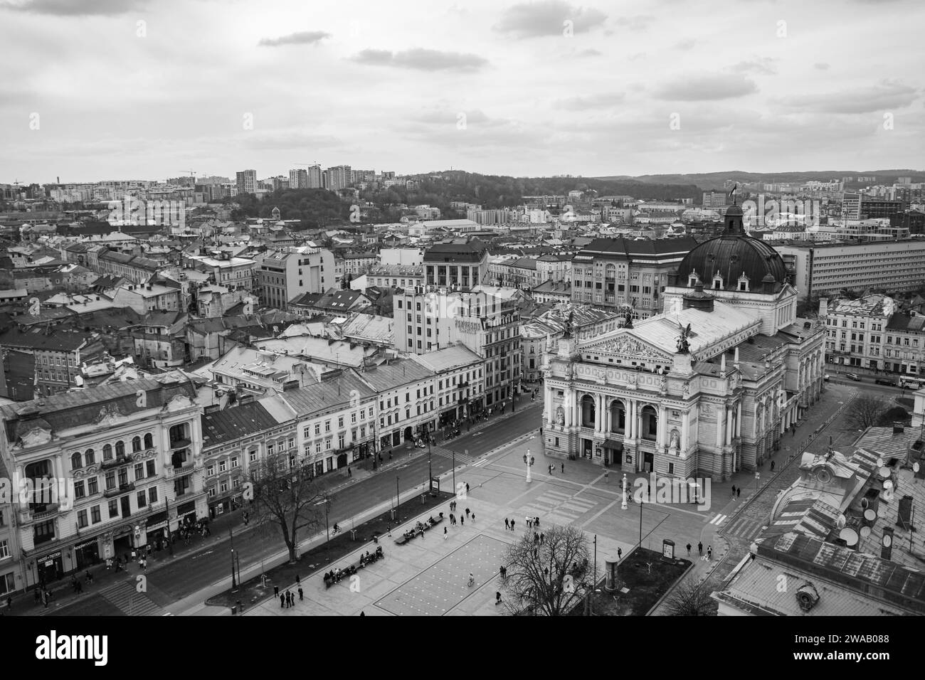 Lviv, Ukraine - April, 2021: Aerial veiw on Lviv National Opera from drone Stock Photo