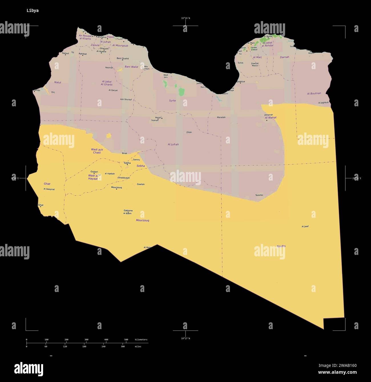 Libya Map Shape Shape of a topographic, OSM France style map of the Libya, with ...