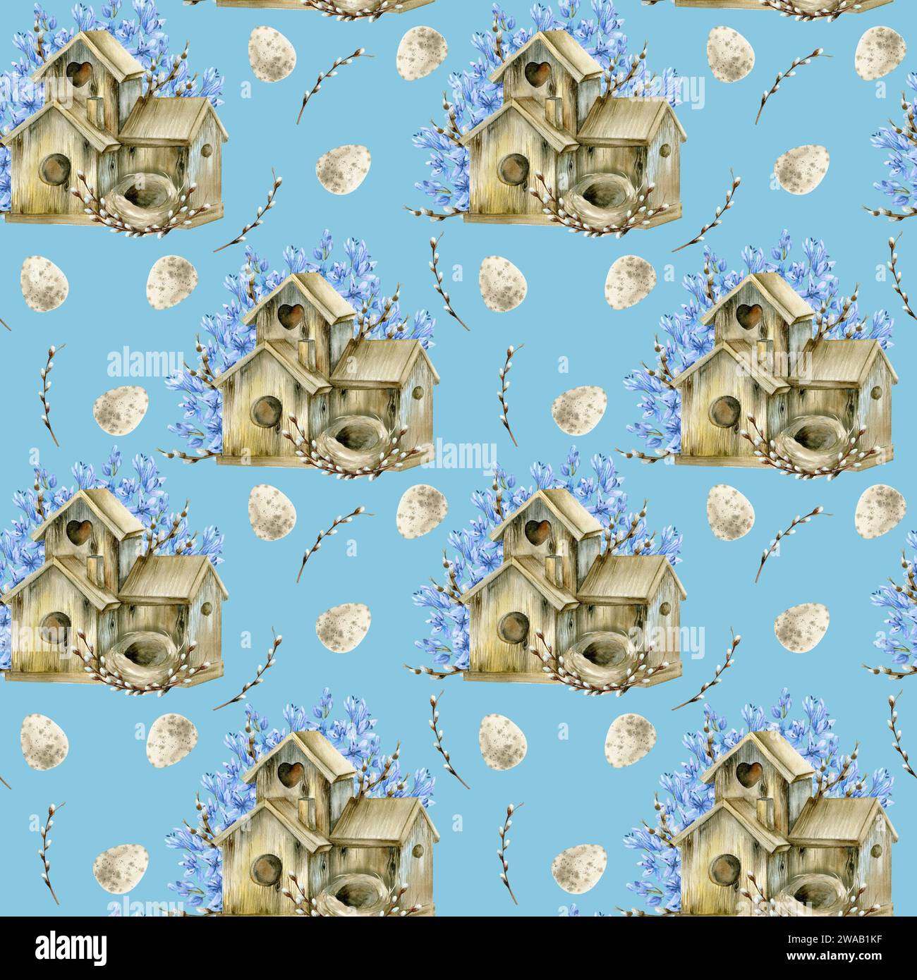 Watercolor spring floral Easter seamless pattern with wooden birdhouse, pale pastel eggs Stock Photo