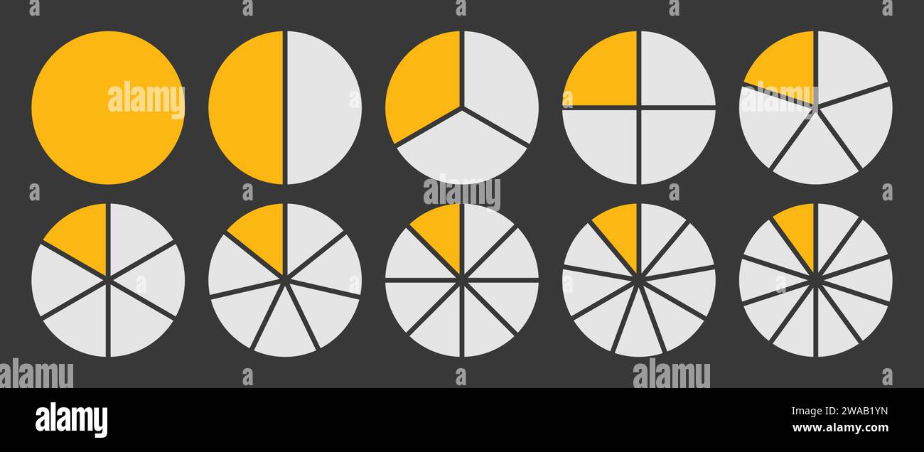 Circle divided into 1-10 parts icon set.  Full circle segment diagram in 1-10 parts graph icon pie shape section chart in yellow and white color. Stock Vector