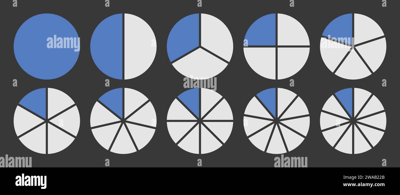 Circle divided into 1-10 parts icon set.  Full circle segment diagram in 1-10 parts graph icon pie shape section chart in blue and white color. Stock Vector