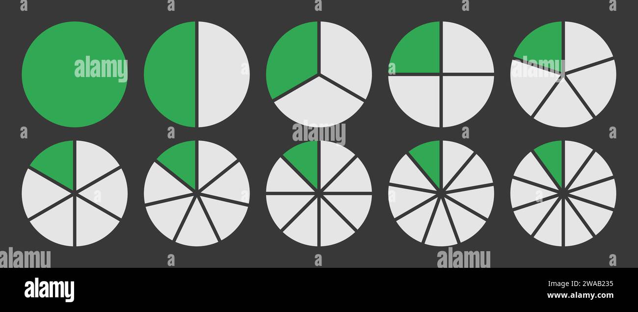 Circle divided into 1-10 parts icon set.  Full circle segment diagram in 1-10 parts graph icon pie shape section chart in green and white color. Stock Vector