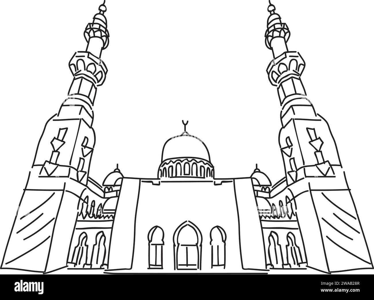 mosque sketch, Black stroke of mosque with twin minarets and dome in the center, vector line art illustration Stock Vector