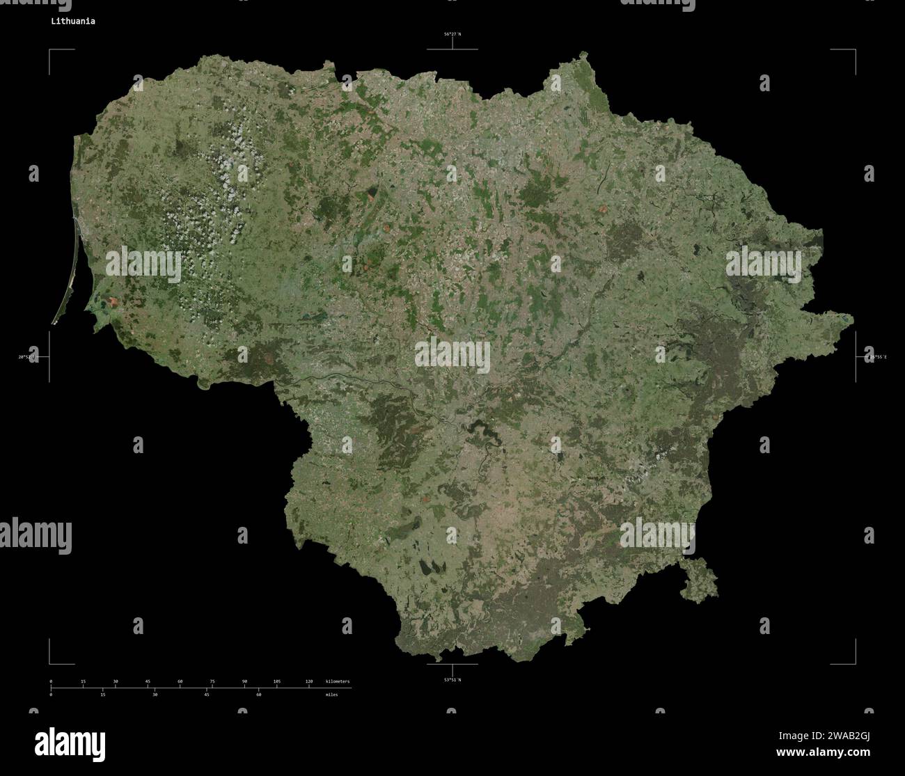 Shape of a high resolution satellite map of the Lithuania, with ...