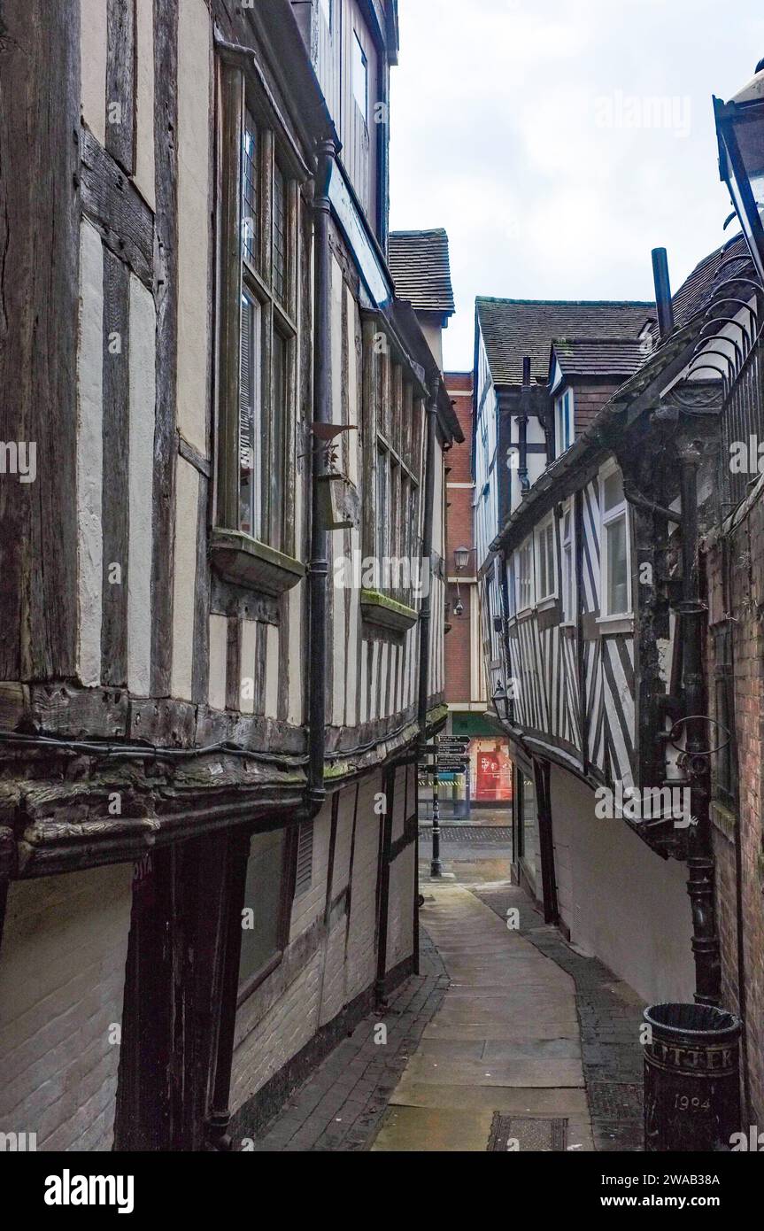 Medieval and Post-Medieval Tudor timber framed buildings on Grope Lane in The Historic Market Town of Shrewsbury, Shropshire, England, UK Stock Photo