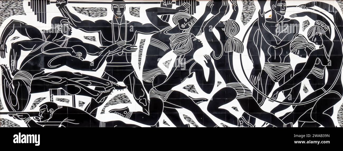 Sgraffiti mural with a sports theme on Baluan Sholak Palace of Sport