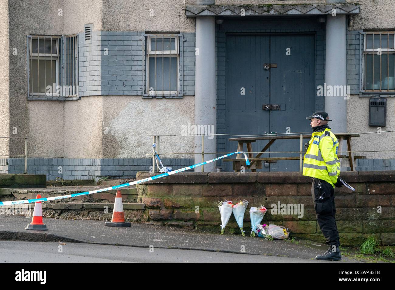 Floral tributes left close to the scene near the Anchor Inn in Granton, Edinburgh, where Marc Webley, aged 38, was killed in a shooting just before midnight on New Year's Eve. Picture date: Wednesday January 3, 2024. Stock Photo