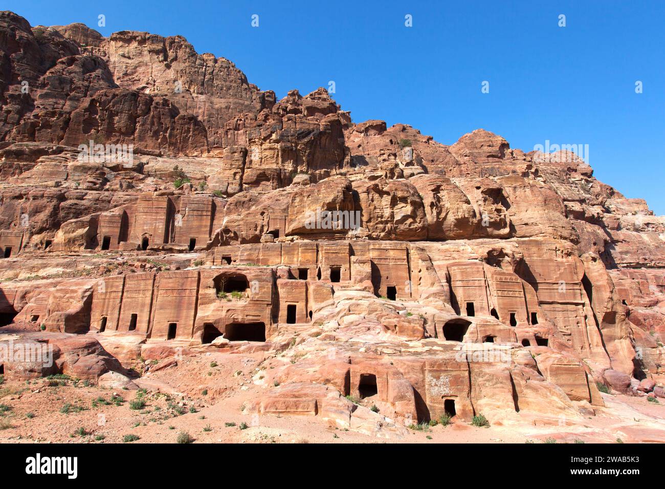 Nabatean Tombs inside the archaeological site of Petra, Jordan. Stock Photo