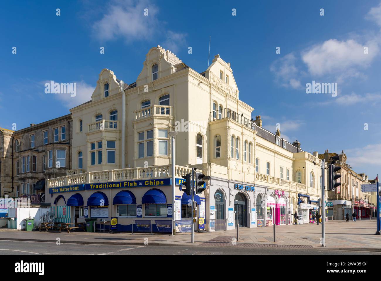 The Waterfront Fish Bar on the seafront of the seaside town of Weston-super-Mare, North Somerset, England. Stock Photo