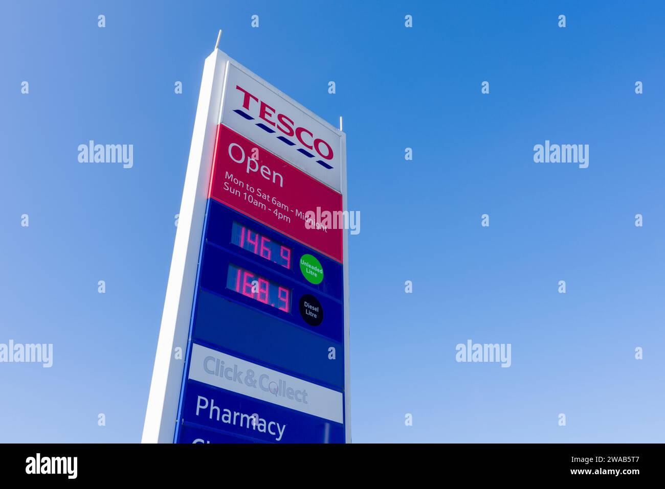 Petrol and diesel prices on a sign at a Tesco supermarket at Weston