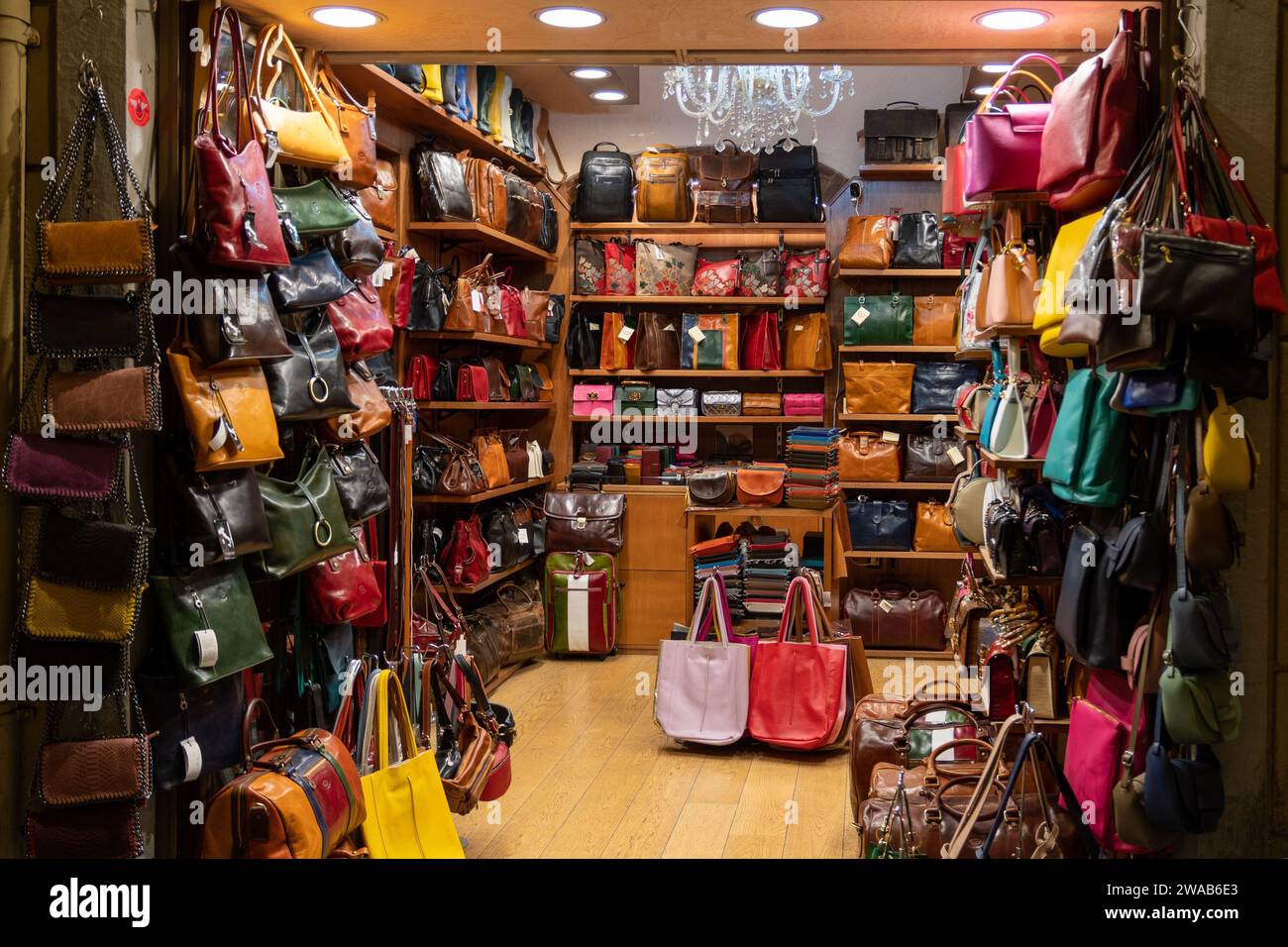 Display of leather bags in a shop Stock Photo