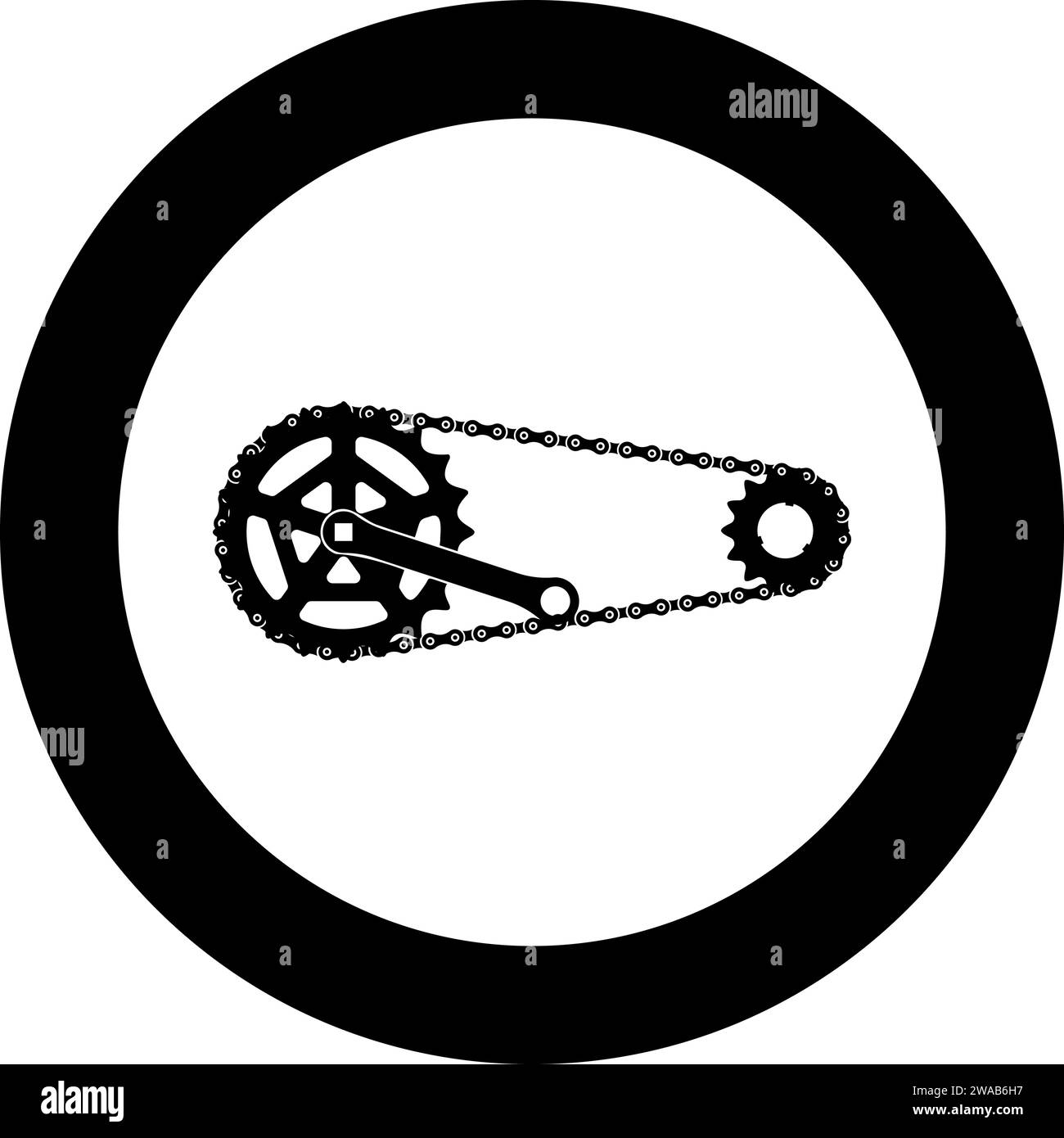 Chain bicycle link bike motorcycle two element crankset cogwheel sprocket crank length with gear for bicycle cassette system bike icon in circle Stock Vector