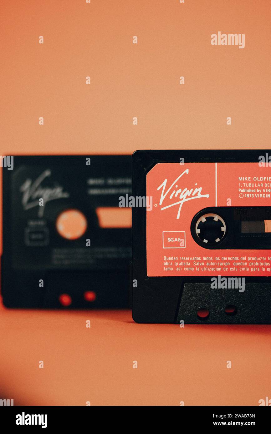 Madrid, Spain. January 2, 2024 Set of old vintage cassettes for tape