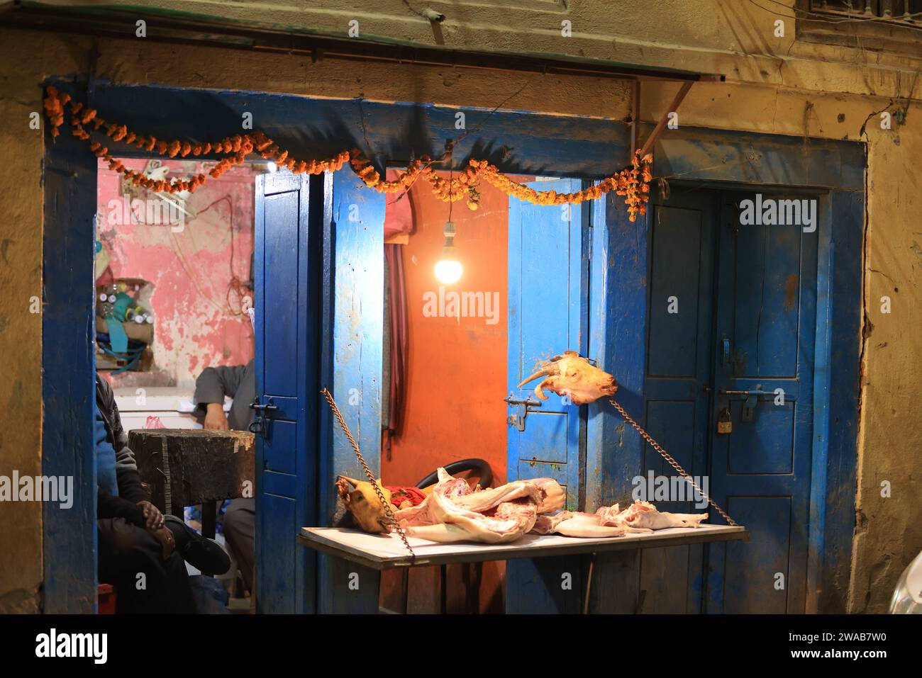 Kathmandu, Nepal 22 November 2023 meat store sell the goat in market