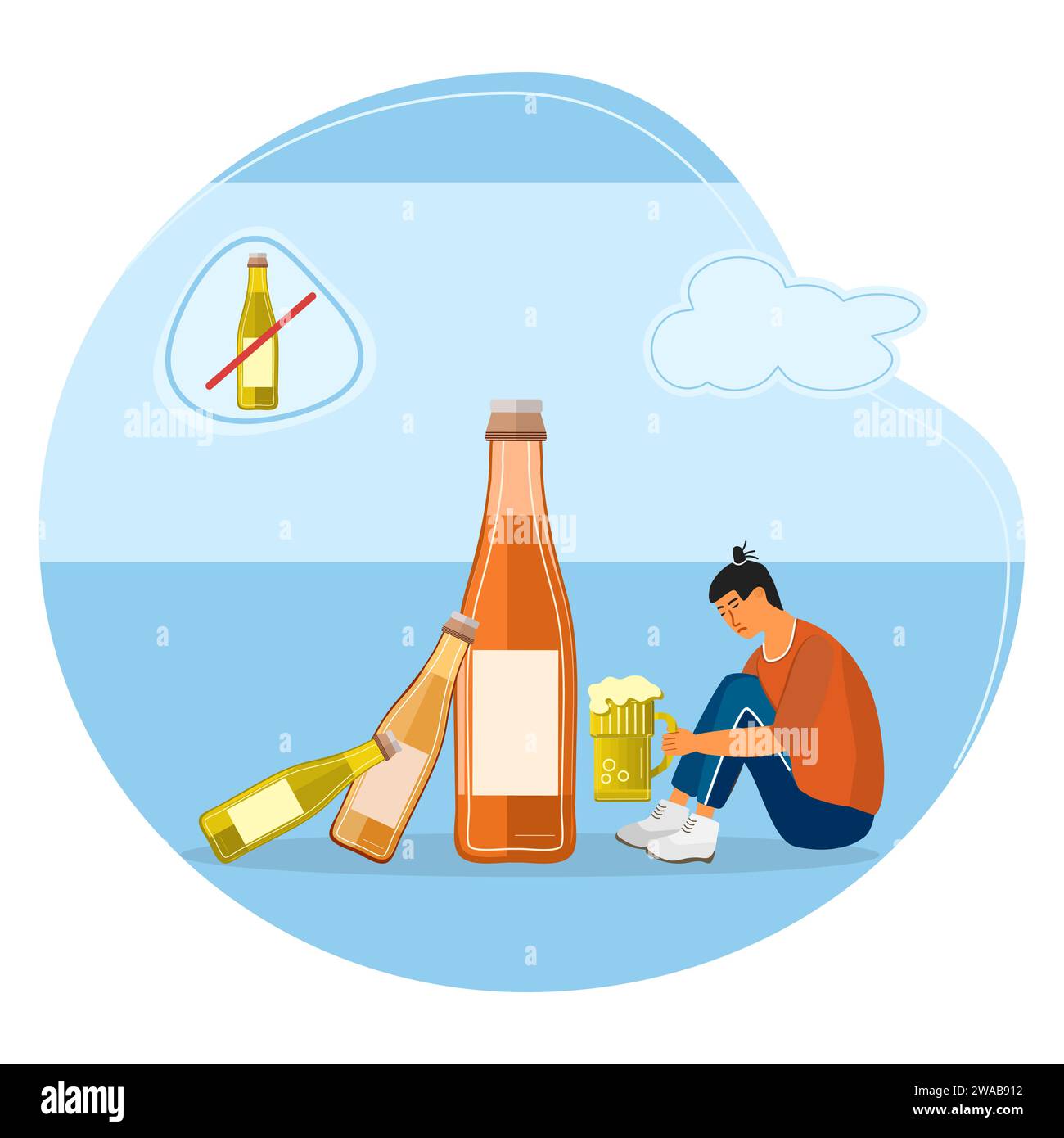 Alcoholism problem vector illustration. Unhealthy lifestyle. Alcoholic