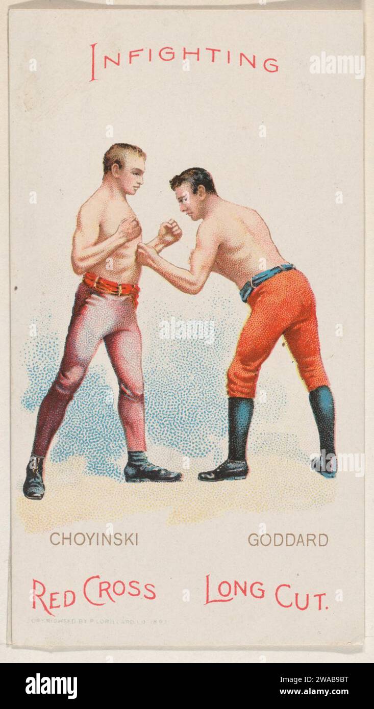 Infighting, Joe Goddard and Joe Chovinski, from the Boxing Positions and Boxers series (N266) issued by P. Lorillard Company to promote Red Cross Long Cut Tobacco 1963 by P. Lorillard Company Stock Photo