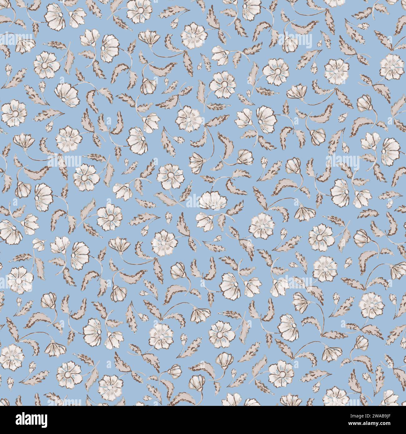 Floral pattern in blue and white, in the style of influenced by ancient