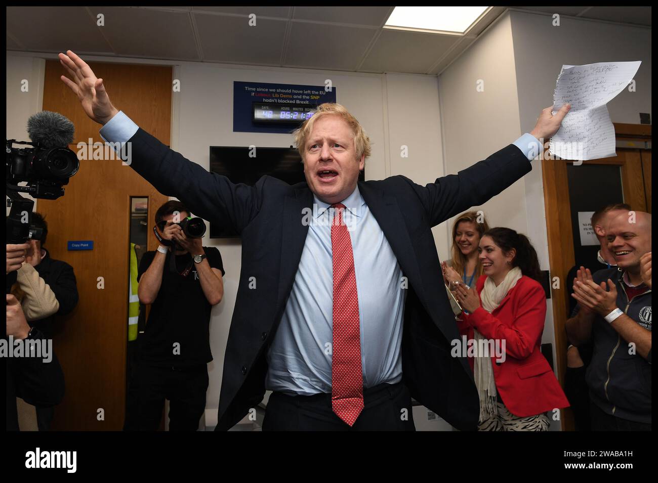 Image ©Licensed to Parsons Media. 13/12/2019. London, United Kingdom. Boris Johnson Wins 2019 General Election.   Boris Johnson Election Night.  Britain's Prime Minister Boris Johnson and his partner Carrie Symonds at Conservative Party HQ after  Boris secures a 80 seat majority in the 2019 General Election.   Picture by Andrew Parsons / Parsons Media Stock Photo