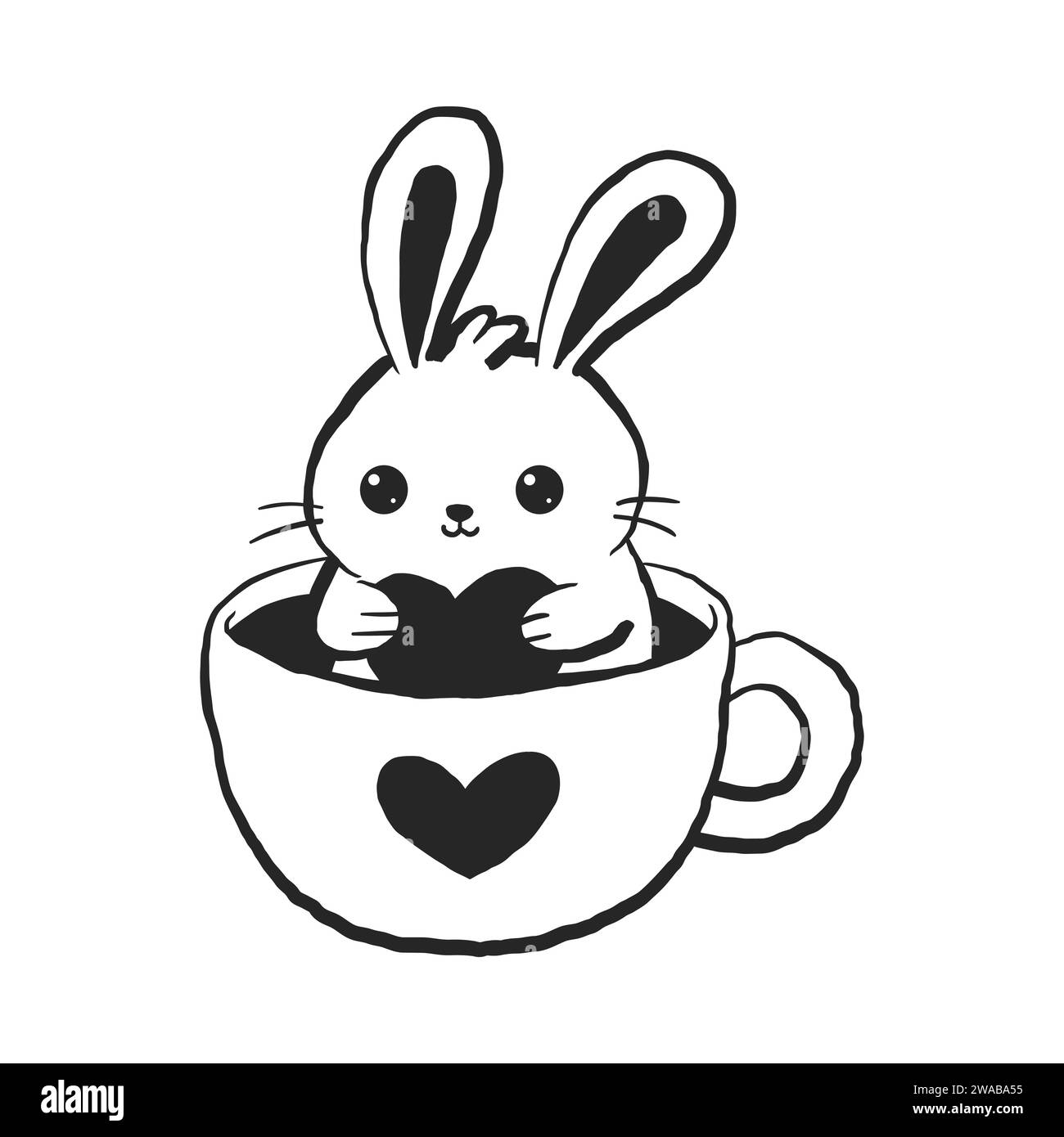 Cute rabbit in tea coffee cup. Cute, funny animal pet character for Valentines day concept. Linear vector black and white illustration Stock Vector