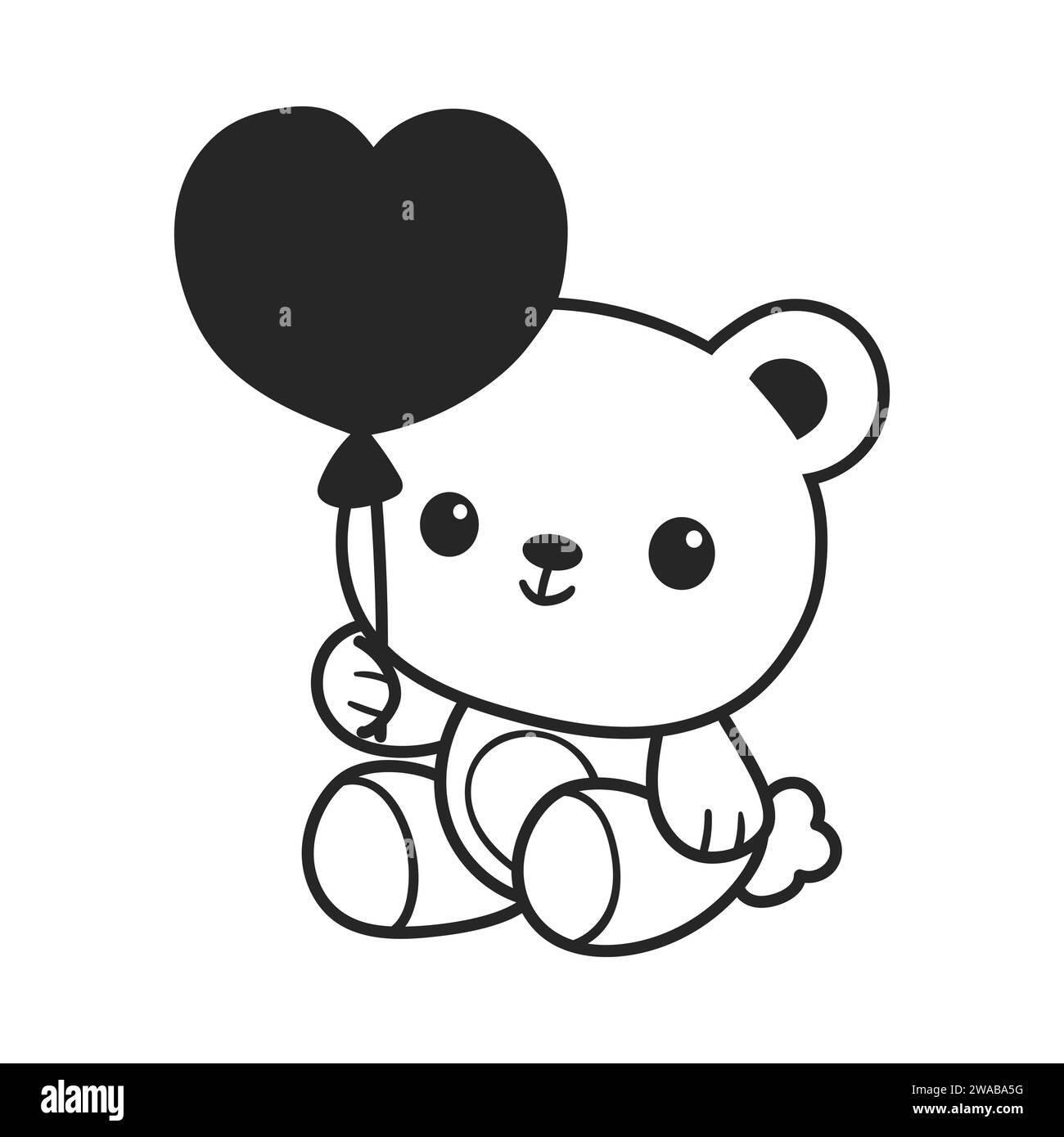 A cute  kawaii bear is holding a heart balloon. line art style vector illustration Stock Vector