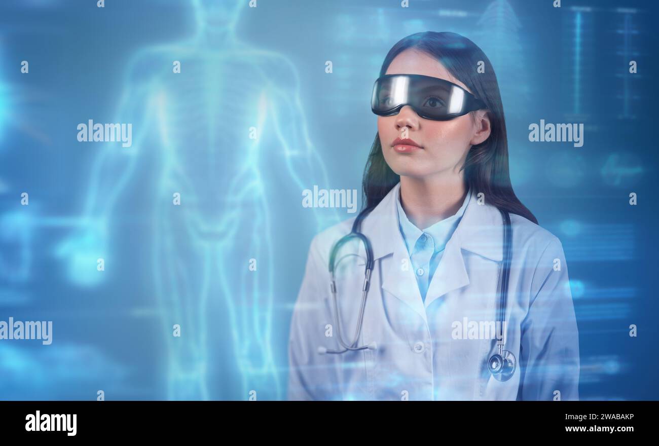 Female doctor using virtual reality glasses for medical analysis Stock Photo