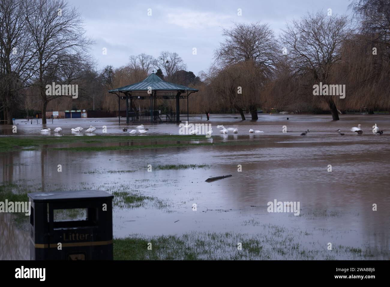 The Recreation Ground and bandstand during January 2024 floods