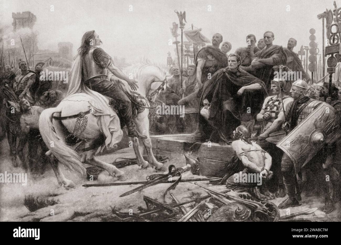 Vercingetorix throws down his arms at the feet of Julius Caesar, 52 BC.  After this he was imprisoned in the Tullianum in Rome for five years, before being publicly displayed in Caesar's triumph in 46 BC, after which he was executedin his prison, probably by strangulation. Vercingetorix, c. 82 BC – 46 BC.  Chieftain of the Arverni tribe. Stock Photo