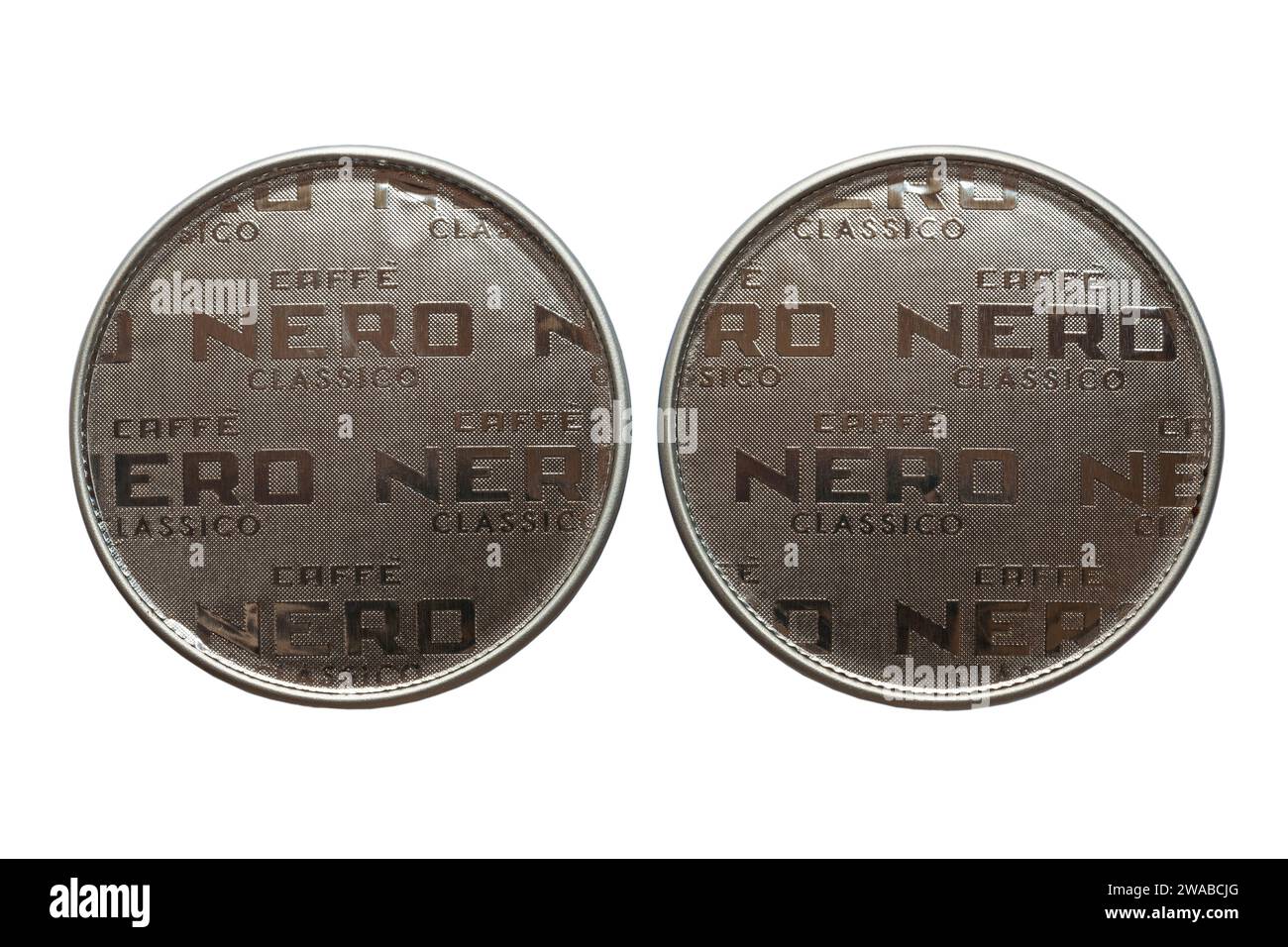 Caffe Nero Classico Original Blend coffee capsules coffee pods isolated on white background Stock Photo