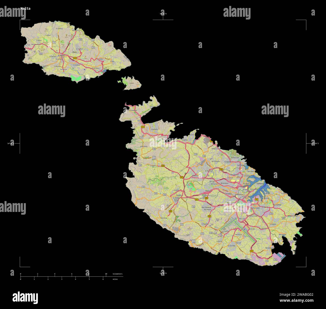 Shape of a topographic, OSM Germany style map of the Malta, with ...