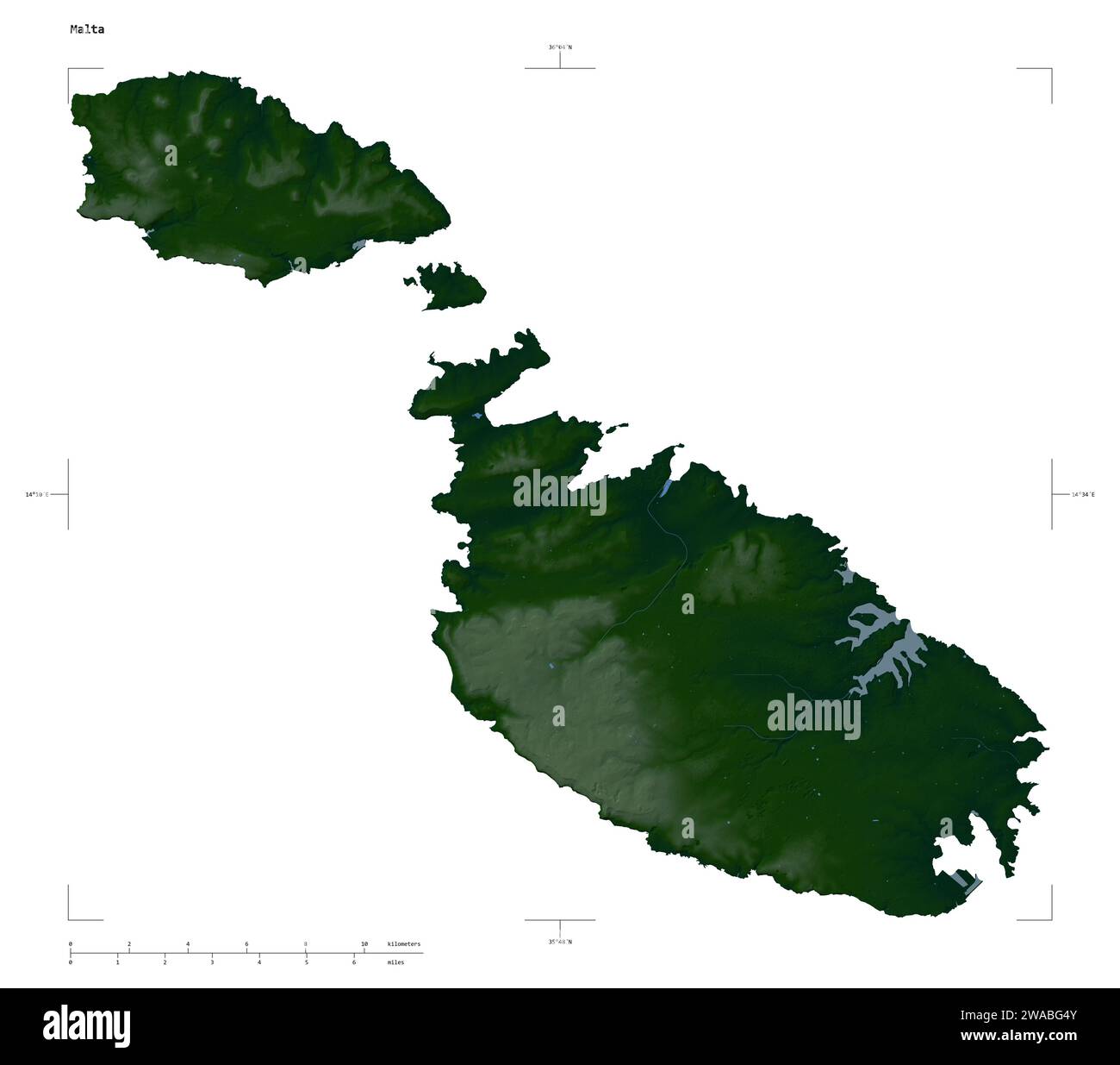 Shape of a Colored elevation map with lakes and rivers of the Malta, with distance scale and map border coordinates, isolated on white Stock Photo