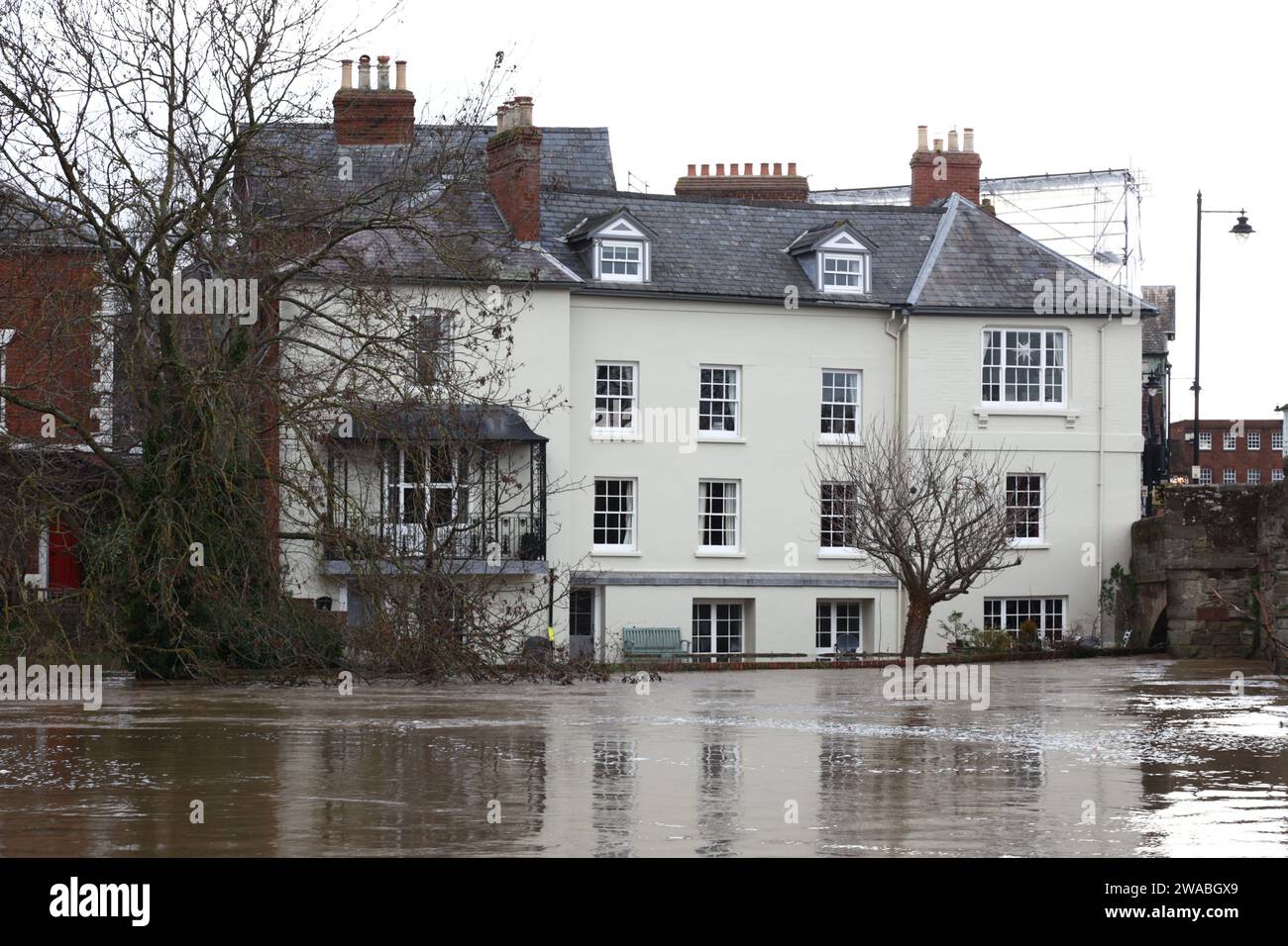 Hereford, Herefordshire, 3 January 2024.  Severe flooding as the River Wye burst itÕs banks, following Storm Henk.  Credit: Andrew Bartlett/Alamy Live News Stock Photo