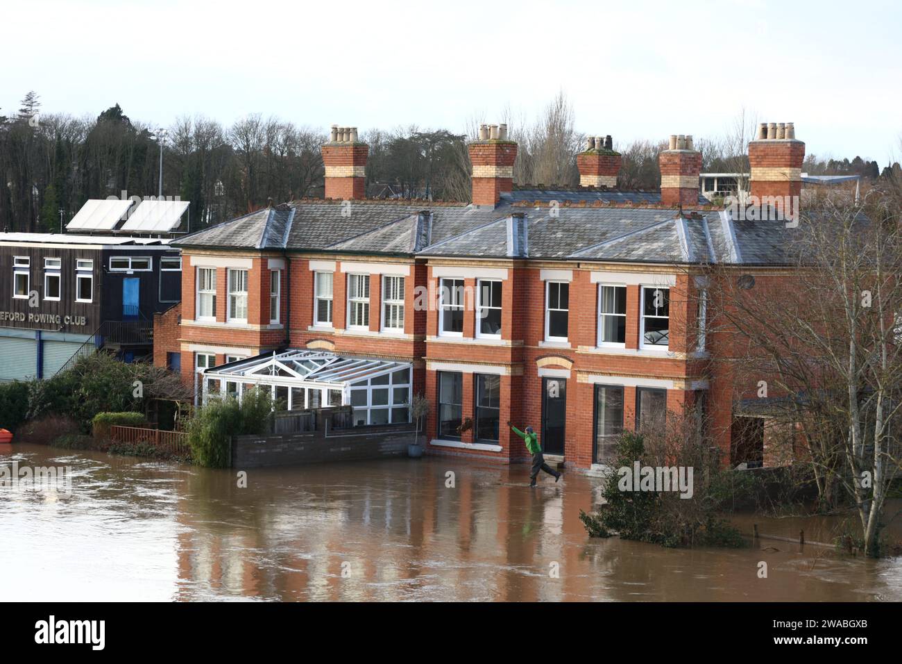 Hereford, Herefordshire, 3 January 2024.  Severe flooding as the River Wye burst itÕs banks, following Storm Henk.  Credit: Andrew Bartlett/Alamy Live News Stock Photo