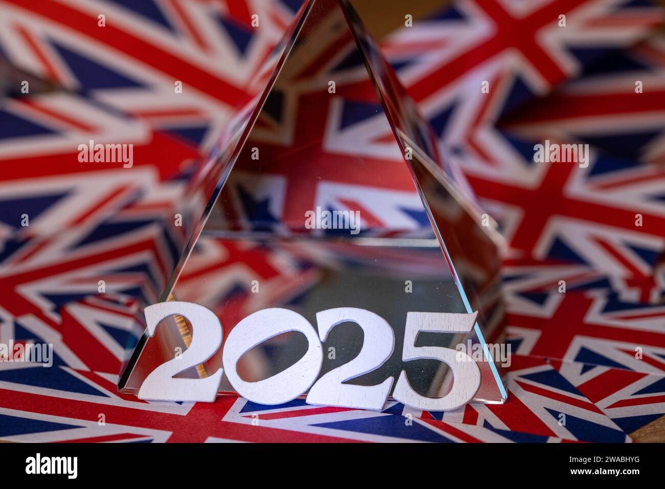 The numbers 2025 lent against crystal pyramid on top of Union Jack
