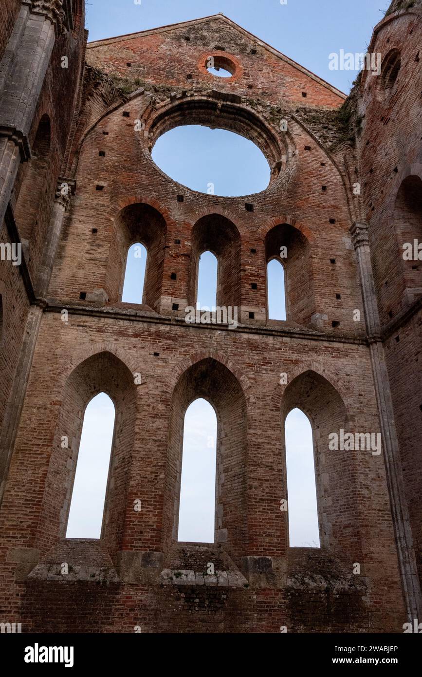 Destroyed windows at the presbytery of of the abandoned Cistercian monastery San Galgano in the Tuscany, Italy Stock Photo
