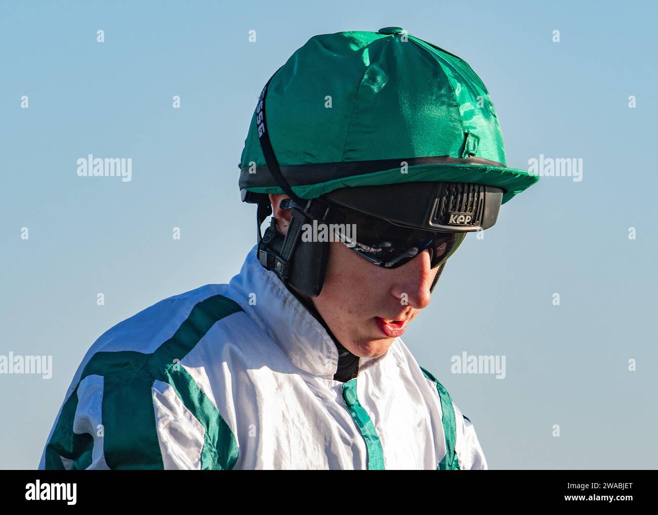 Jockey William Maggs heads to post at Doncaster Racecourse Stock Photo