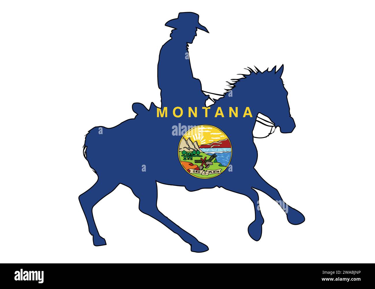 A silhouette of a USA cowboy on a horse with inset Montana State Flag