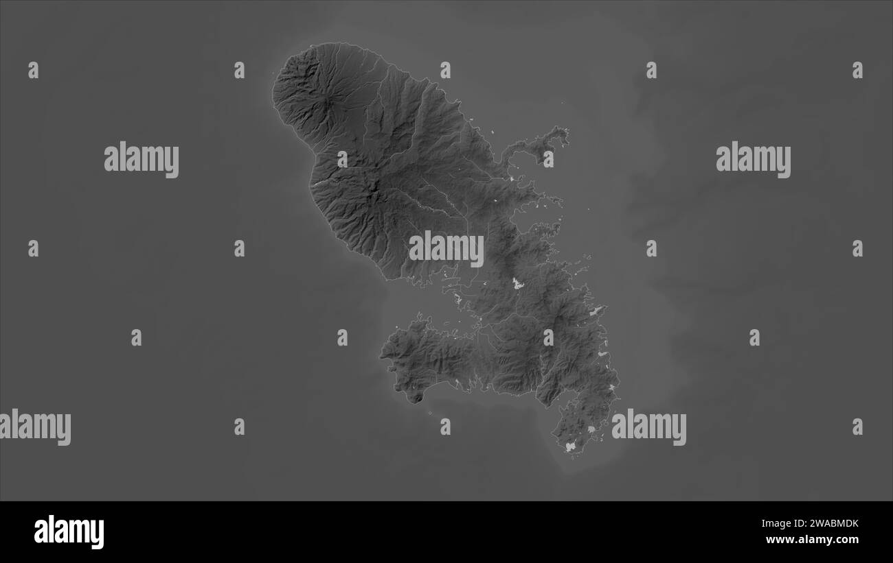 Martinique highlighted on a Grayscale elevation map with lakes and ...